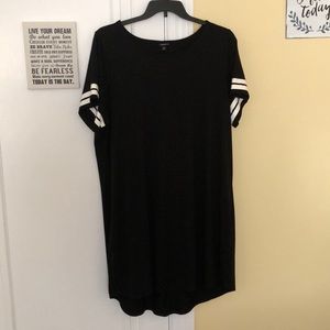 Black t-shirt dress with white stripes on sleeves